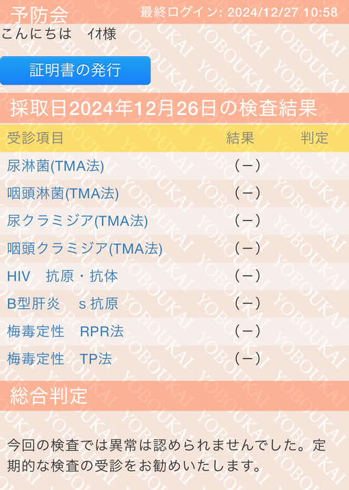 IO(ｲｵ) STD検査結果🏥