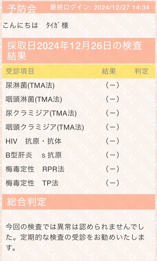 TAIGA(ﾀｲｶﾞ) 1月性病検査結果