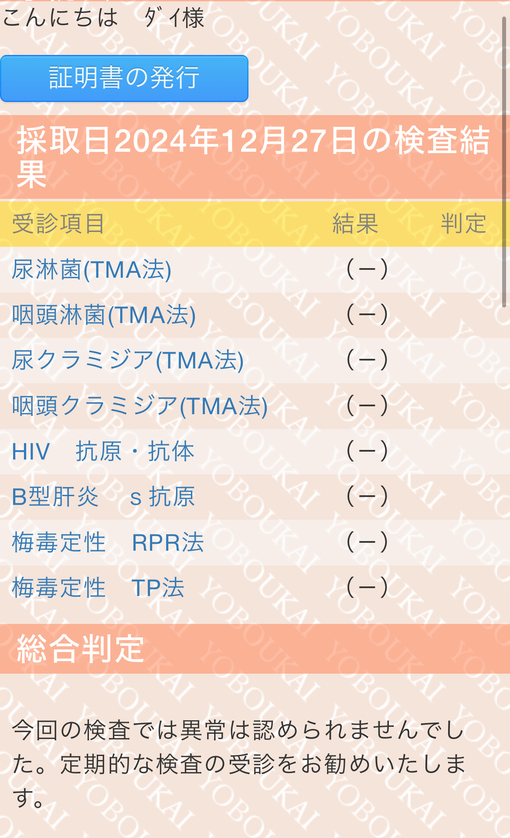 DAI(ﾀﾞｲ) 性病検査結果