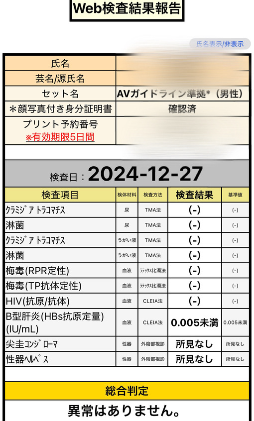 TAKUMI(ﾀｸﾐ) 性病検査結果について