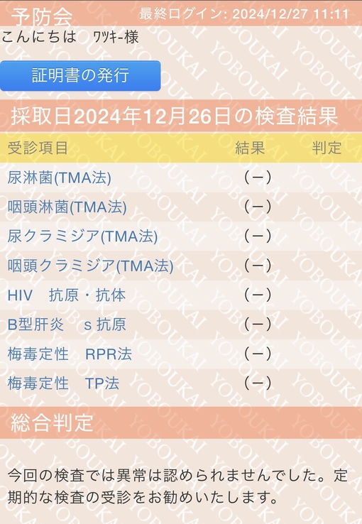 WACKEY(ﾜｯｷｰ) 性病検査結果