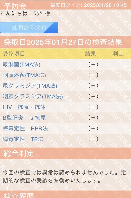 WACKEY(ﾜｯｷｰ) 性病検査結果