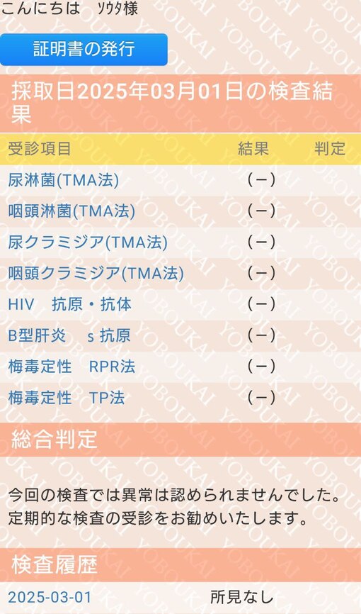 SOTA(ｿｳﾀ) 性病検査以上なし。現場からは以上です。