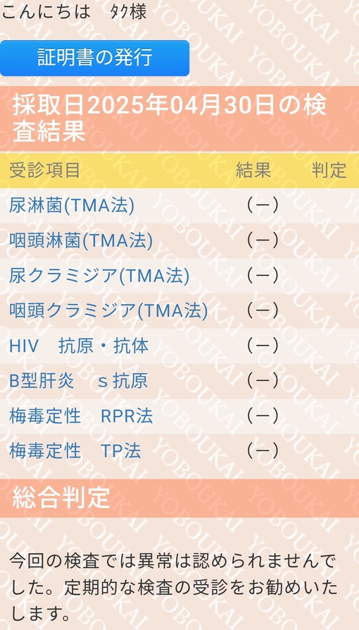 TAKU(ﾀｸ) 性病検査結果