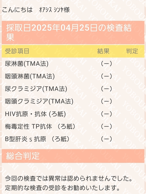 SHINYA(ｼﾝﾔ) ●性病検査結果のご報告