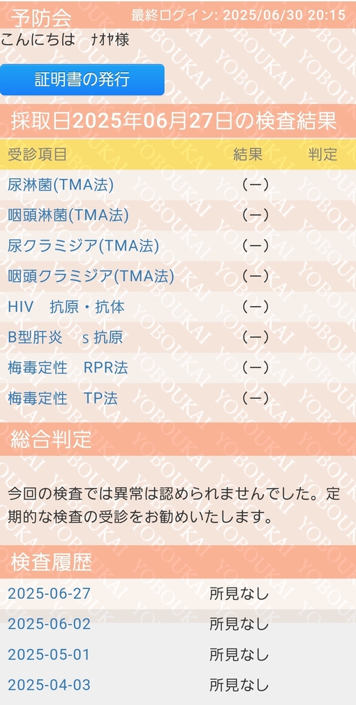 NAOYA(ﾅｵﾔ) 【7月度 性病検査結果💉】