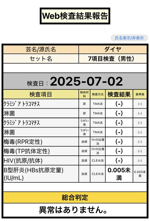 DAIYA(ﾀﾞｲﾔ) 7月性病検査結果