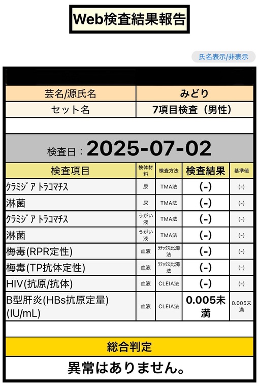 MIDORI(ﾐﾄﾞﾘ) 性病検査結果【6月】