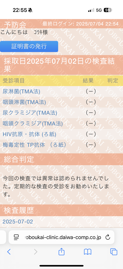 KOKI(ｺｳｷ) 性病検査の結果について